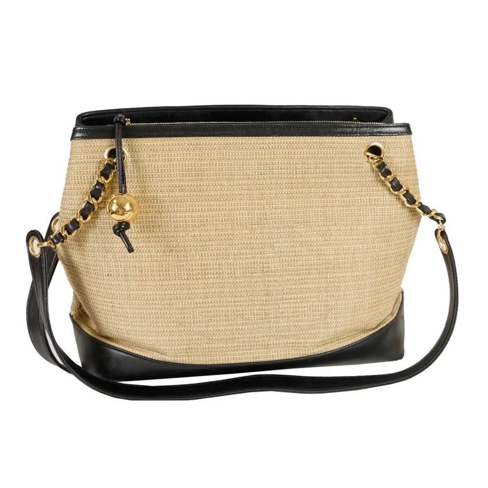 Chanel Shopping Tote Woven Natural/Black Fabric/Leather Shoulder Bag